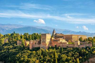 The Alhambra is Granada's landmark - the Sierra Nevada mountains are a picturesque backdrop. 