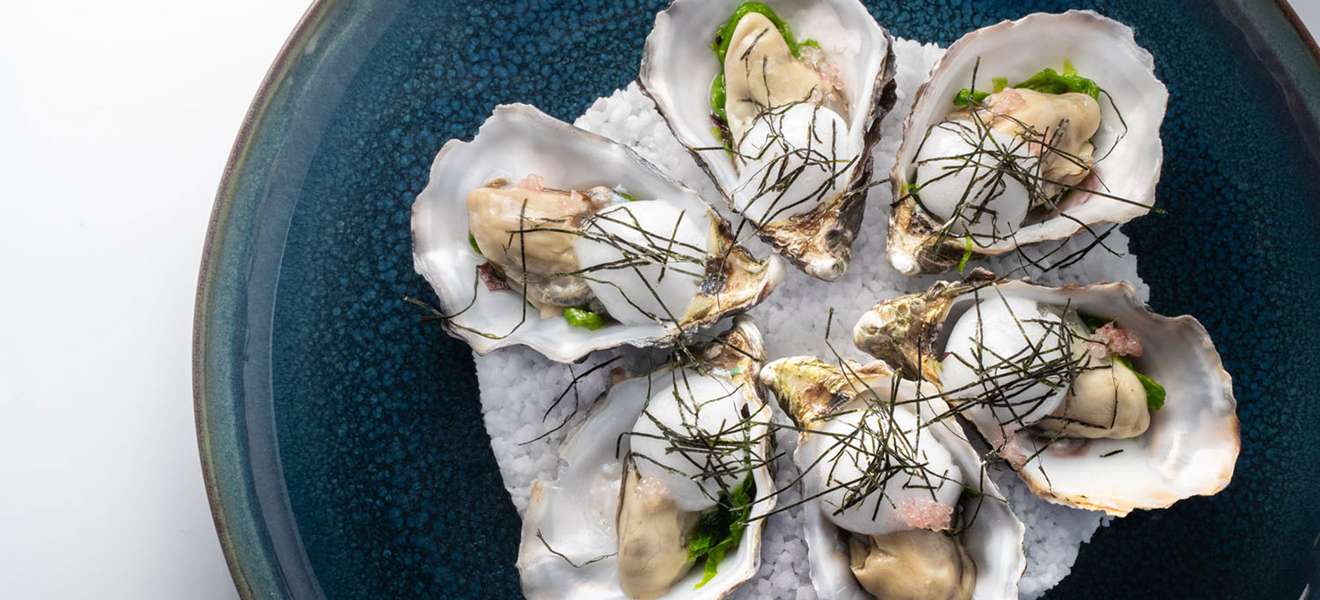 Austern mit Algensalat, Meerwasserschaum und Zitronenkaviar